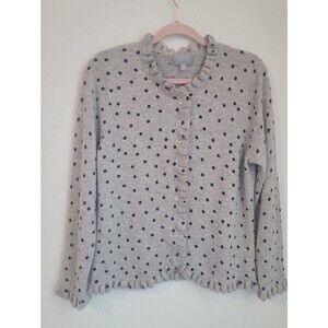 Pure Collection 100% Cashmere Polka Dot Ruffle Cardigan Sweater Gray US 12